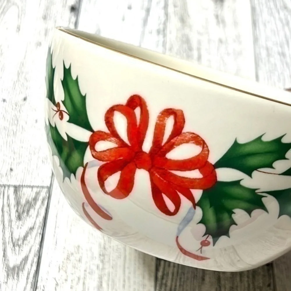 Lenox American By Design Holiday Bowl Green Holly & Red Ribbon Gold Trim